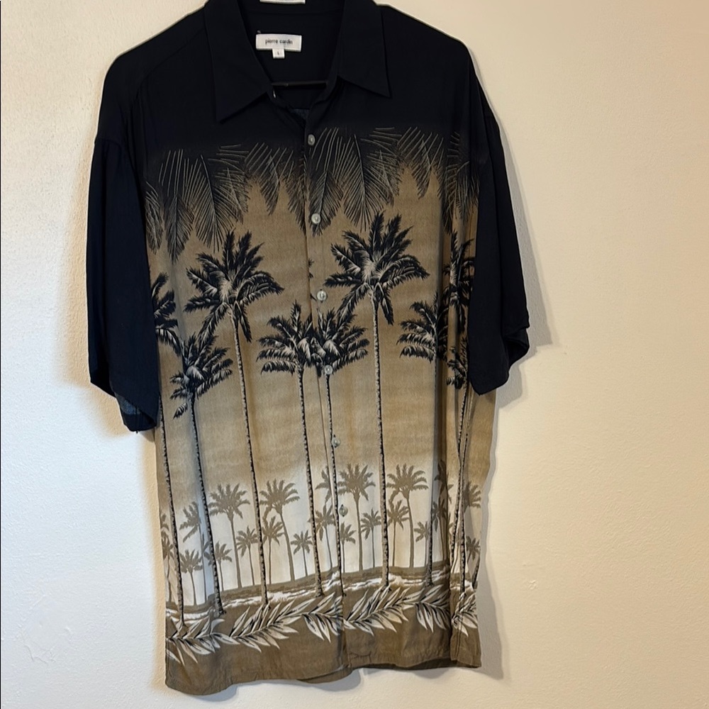Pierre Cardin Men's Large Black and Brown Palm Tree Hawaiian Shirt